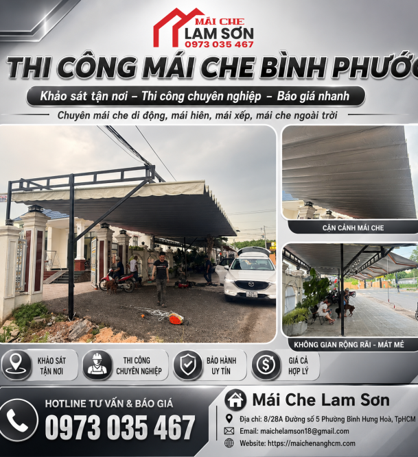 Thi Công Mái Che Bình Phước – Mái Che Lam Sơn Nhận Làm Mái Che Đẹp, Bền, Giá Tốt